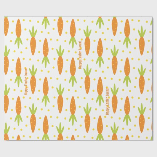 イースターバニーのニンジンのパターンの挨拶と子供の名前 ラッピングペーパー (フラット)