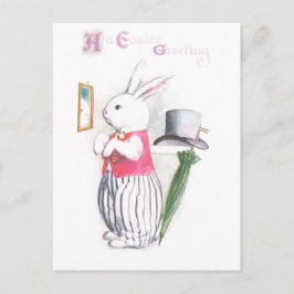 イースターバニーのピンクベストのチェック鏡 シーズンポストカード