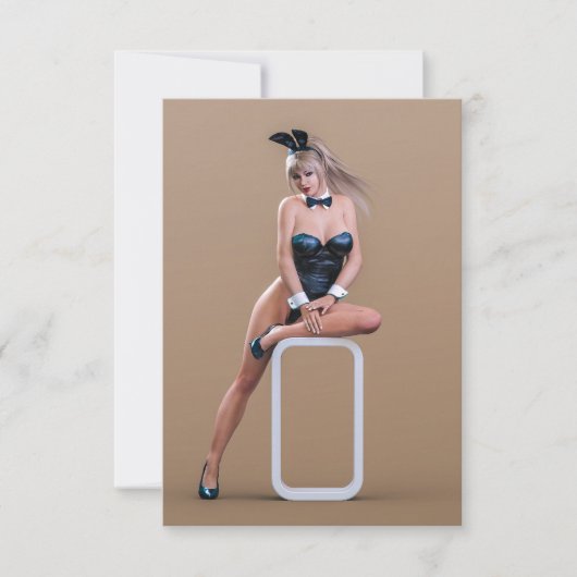 イースターバニーの女の子がラウンドエッジキューブに座って サンキューカード (正面)