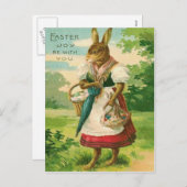 イースターバニーの女性バスケット色卵 シーズンポストカード (正面/裏面)