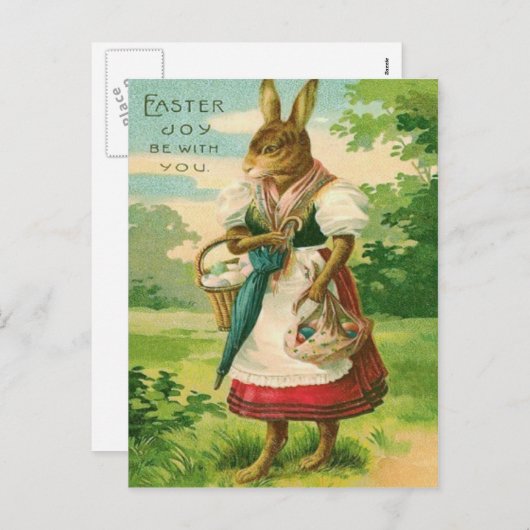 イースターバニーの女性バスケット色卵 シーズンポストカード (正面/裏面)