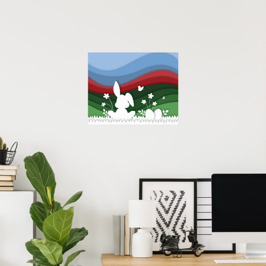 イースターバニーの牧草地の緑の赤い春自然 ポスター (ホームオフィス)