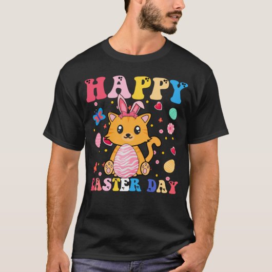 イースターバニーの猫 ハッピーイースター グルービー Tシャツ (正面)