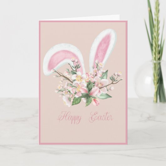 イースターバニーの耳と水色ピンクの花カード カード (正面)