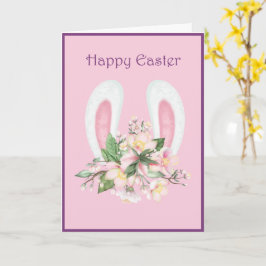 イースターバニーの耳と水色ピンクの花カード カード