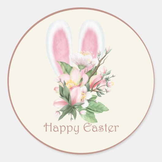 イースターバニーの耳と水色ピンクの花 ラウンドシール (正面)