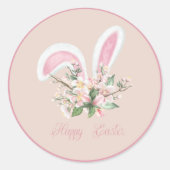 イースターバニーの耳と水色ピンクの花 ラウンドシール (正面)