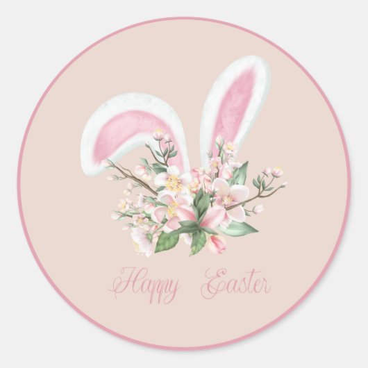 イースターバニーの耳と水色ピンクの花 ラウンドシール (正面)