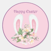 イースターバニーの耳と水色ピンクの花 ラウンドシール (正面)