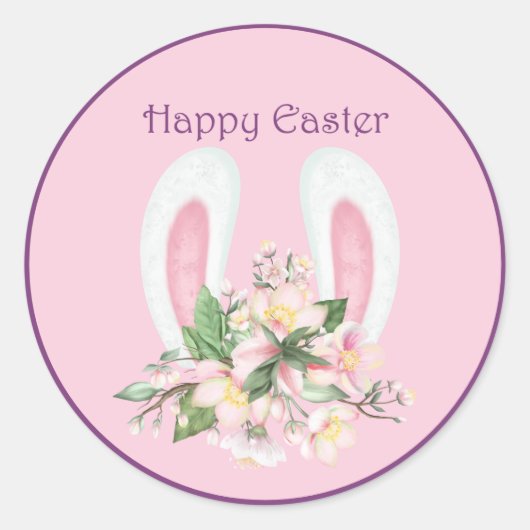 イースターバニーの耳と水色ピンクの花 ラウンドシール (正面)