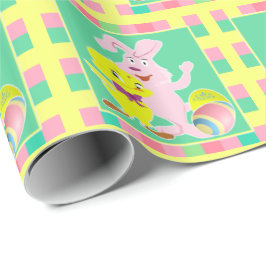 イースターバニーの雛と卵の上の格子縞 ラッピングペーパー