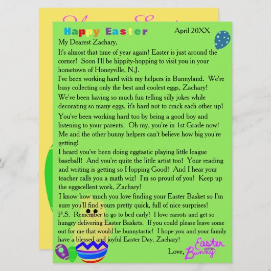 イースターバニーの雛ストライプの卵からの手紙 シーズンカード (正面/裏面)