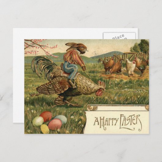 イースターバニーの鶏の色の卵の乗馬 シーズンポストカード (正面/裏面)