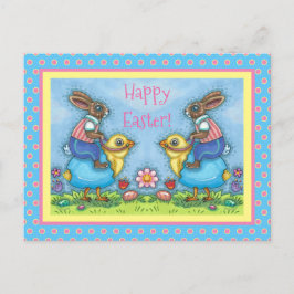 イースターバニーは、青い卵の可愛い雛に乗って、ウィムシー シーズンポストカード