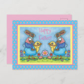 イースターバニーは、青い卵の可愛い雛に乗って、ウィムシー シーズンポストカード (正面/裏面)