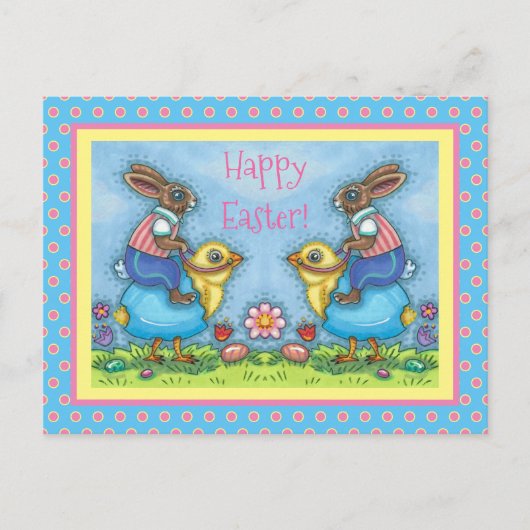 イースターバニーは、青い卵の可愛い雛に乗って、ウィムシー シーズンポストカード (正面)