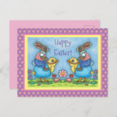 イースターバニーは、青い卵の可愛い雛に乗って、ウィムシー シーズンポストカード (正面/裏面)