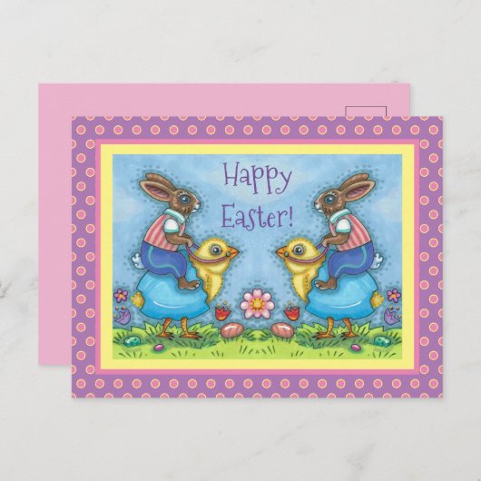 イースターバニーは、青い卵の可愛い雛に乗って、ウィムシー シーズンポストカード (正面/裏面)