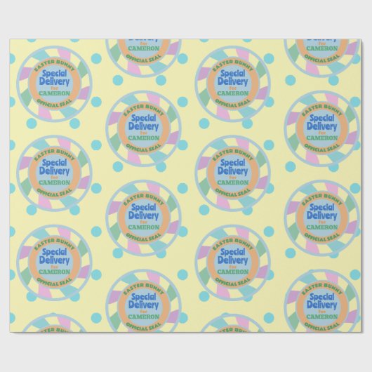 イースターバニーイエロー&ブルーからの名前をカスタムする ラッピングペーパー (フラット)