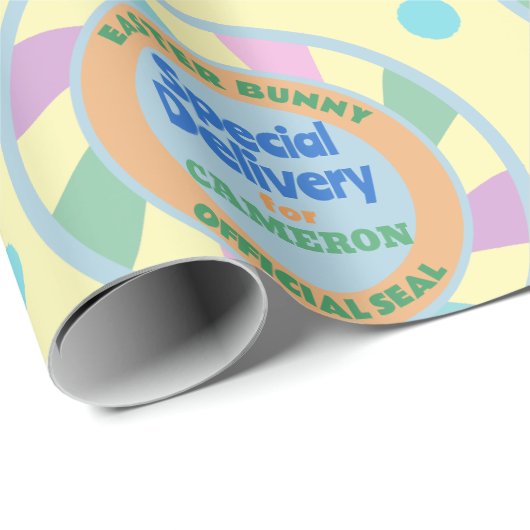 イースターバニーイエロー&ブルーからの名前をカスタムする ラッピングペーパー (ロールコーナー)