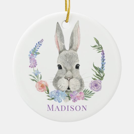 イースターバニーウサギウォーターカラーフローラパーソナライズされた セラミックオーナメント (正面)