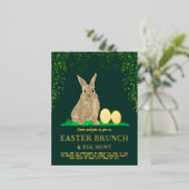 イースターバニーエッグ狩りとブランチ金ゴールドグリーン 箔招待状ポストカード (立ち正面)