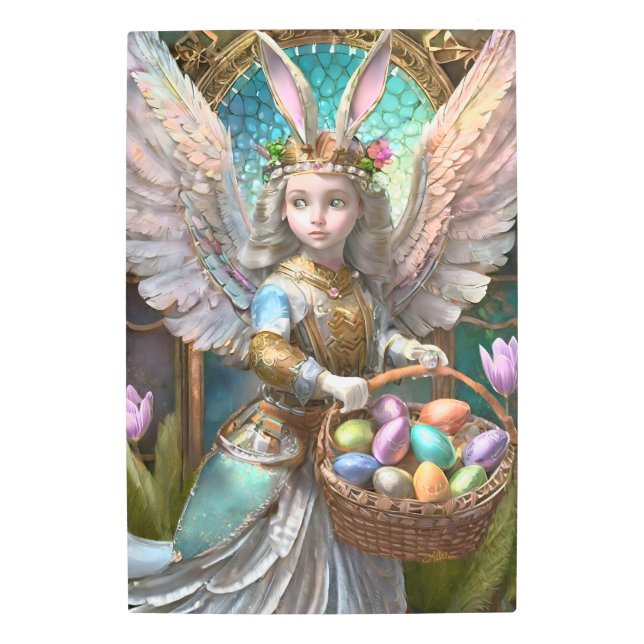 イースターバニーエンジェルの衣装を着た少女 メタルプリント (正面)