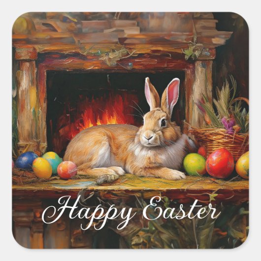 イースターバニーカラフルイースターエッグハッピーイースター スクエアシール (正面)