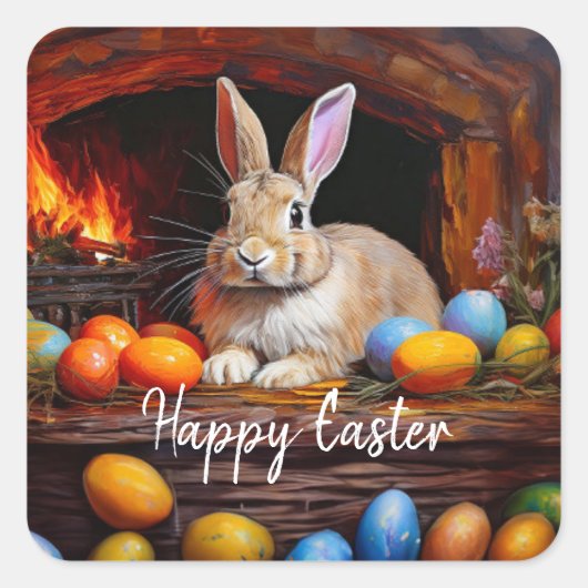 イースターバニーカラフルイースターエッグハッピーイースター スクエアシール (正面)