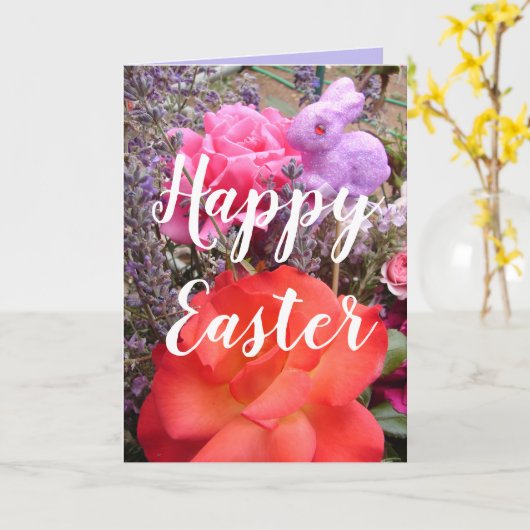 イースターバニーガーデン 赤いピンクのバラ 春の花 カード (黄色い花)