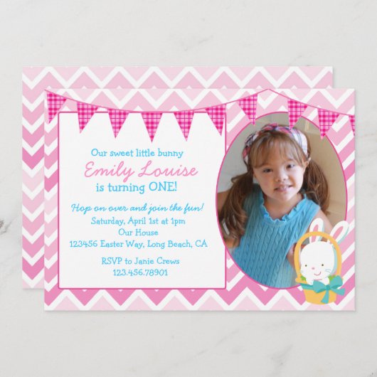 イースターバニーガール誕生パーティーの招待 招待状 (正面/裏面)