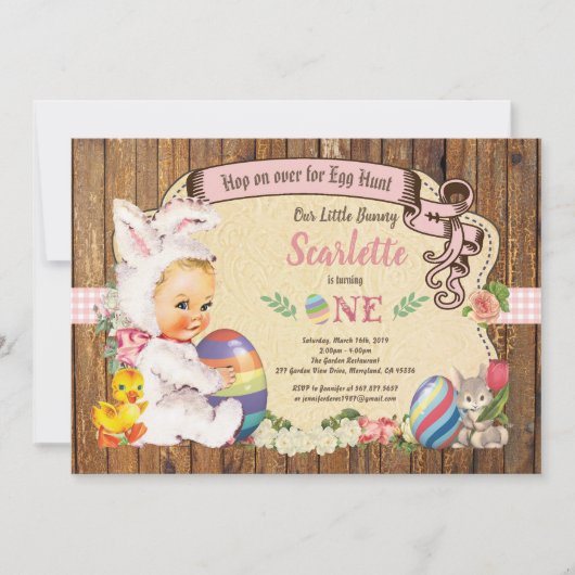 イースターバニーガール 1歳の誕生日招待状 ヴィンテージスタイル 招待状 (正面)