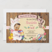 イースターバニーガール 1歳の誕生日 卵の宝探し ヴィンテージ 招待状 (正面)