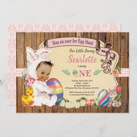 イースターバニーガール 1歳の誕生日 卵の宝探し ヴィンテージ 招待状 (正面/裏面)