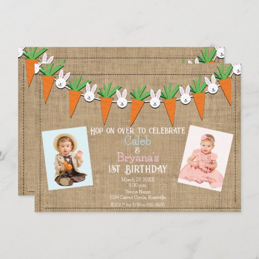 イースターバニーキャロツガーランド誕生日パーティーの写真 招待状 (正面/裏面)
