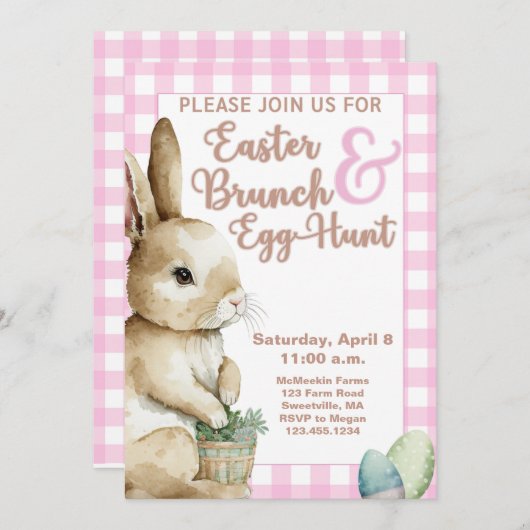 イースターバニーギンガムイースターブランチ&エッグ狩りピンク 招待状 (正面/裏面)