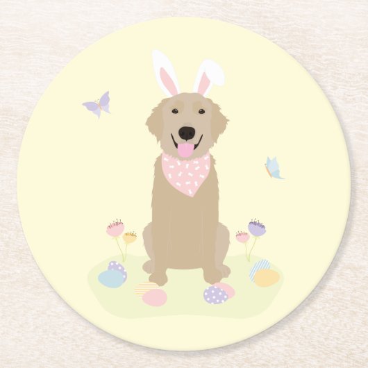 イースターバニーゴールデンレトリバー ラウンドペーパーコースター (正面)