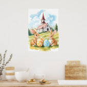 イースターバニーチャーチウォーターカラースケッチ ポスター (キッチン)