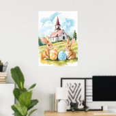 イースターバニーチャーチウォーターカラースケッチ ポスター (ホームオフィス)