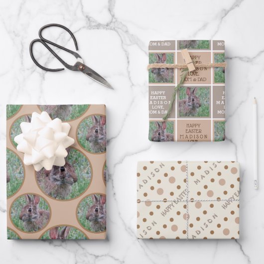 イースターバニーニュートラル水玉模様パーソナライズされた ラッピングペーパーシート (正面)