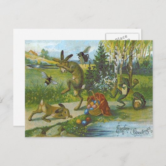 イースターバニーバスケットカラーエッグカエル シーズンポストカード (正面/裏面)