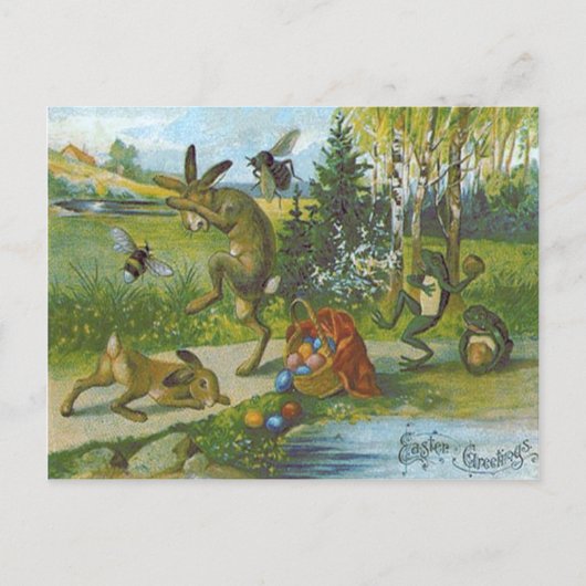イースターバニーバスケットカラーエッグカエル シーズンポストカード (正面)