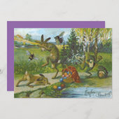 イースターバニーバスケットカラーエッグカエル 招待状 (正面/裏面)