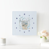 イースターバニーバスケット《写真》ぼけ味花と羽 スクエア壁時計 (ホーム)