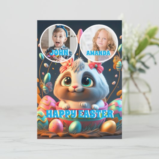 イースターバニーパーソナライズされたラビットキッズ写真 シーズンカード (スタンド正面)