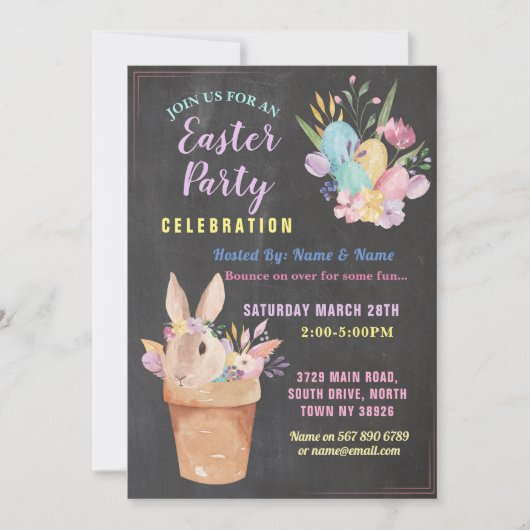 イースターバニーパーティーエッグ狩りピンクチョークバスケット 招待状 (正面)