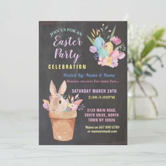 イースターバニーパーティーエッグ狩りピンクチョークバスケット 招待状 (スタンド正面)