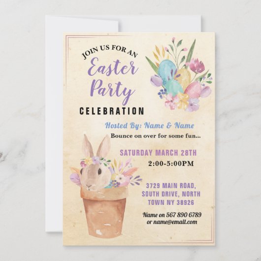 イースターバニーパーティーエッグ狩りピンクバスケット 招待状 (正面)