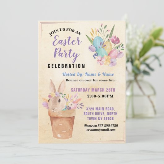 イースターバニーパーティーエッグ狩りピンクバスケット 招待状 (スタンド正面)
