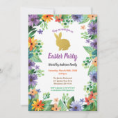 イースターバニーパーティー水色フローラ金ゴールド 招待状 (正面)